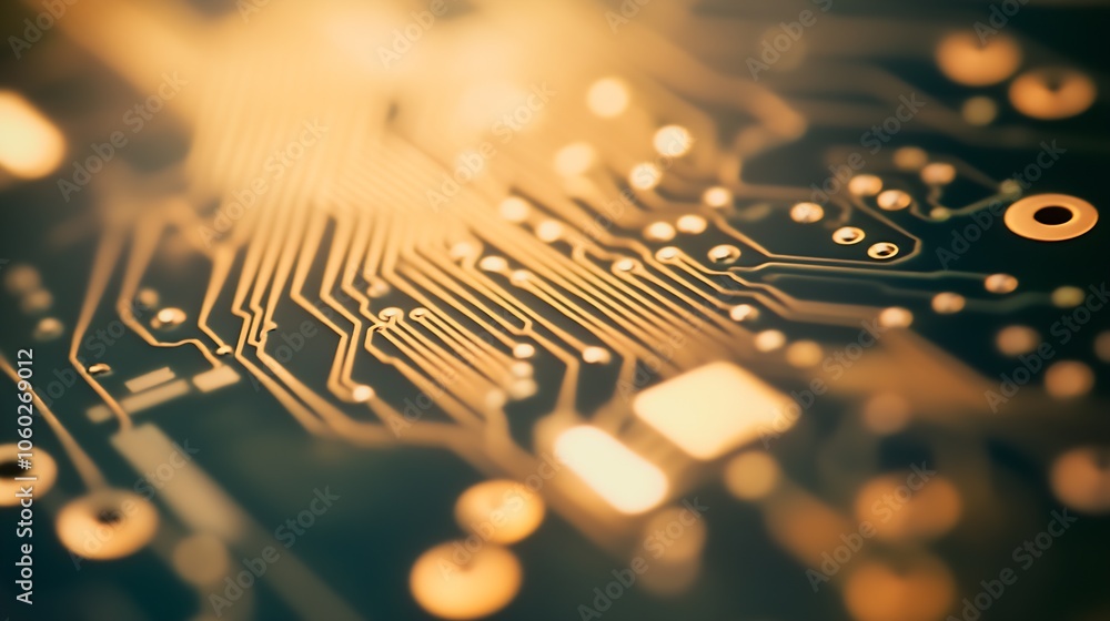 Poster Detailed Picture of Microchip Circuit Board with Gold Lines : Generative AI