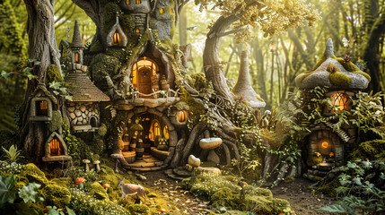 A whimsical fairytale forest with talking animals and hidden fairy homes.