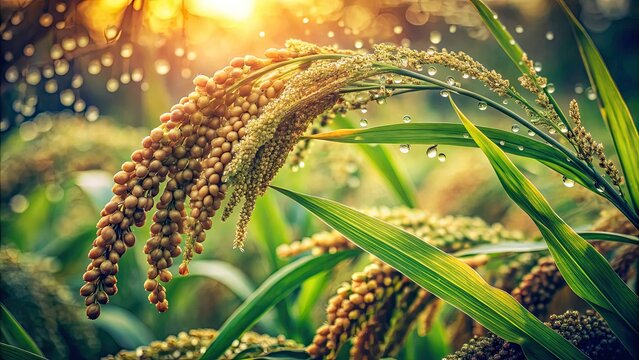 Vintage Style Photography of Asymmetrical Fresh Johnson Grass with Raindrops, Evoking Nature's Beauty and Serenity in Lush Greenery, Perfect for Eco-Friendly and Outdoor Themes