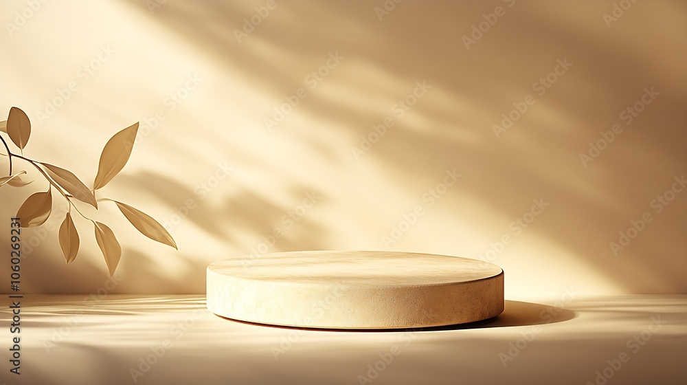 Leinwandbilder sophisticated beige podium in soft light with leaf motif and shadows : generative ai