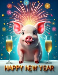 Happy New year piglet with fireworks cartoon 