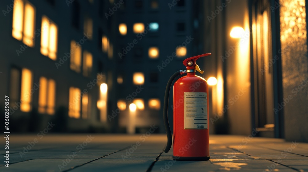 Aufkleber A fire extinguisher prominently placed in the foreground with a softly illuminated building in the blurred background at night. Generative AI