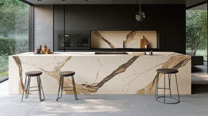 Sleek Modern Kitchen with Marble and Black Accents.Concept of modern interior design, minimalist kitchen, luxury living, clean and sleek aesthetic, luxury kitchen design, open-plan living.