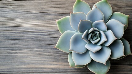 Close-up of a blue-green succulent plant with rosette-shaped leaves placed on a textured wooden background, showcasing natural beauty and simplicity.