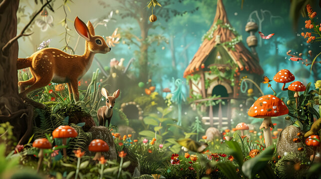 Fototapeta A whimsical fairytale forest with talking animals and hidden fairy homes.