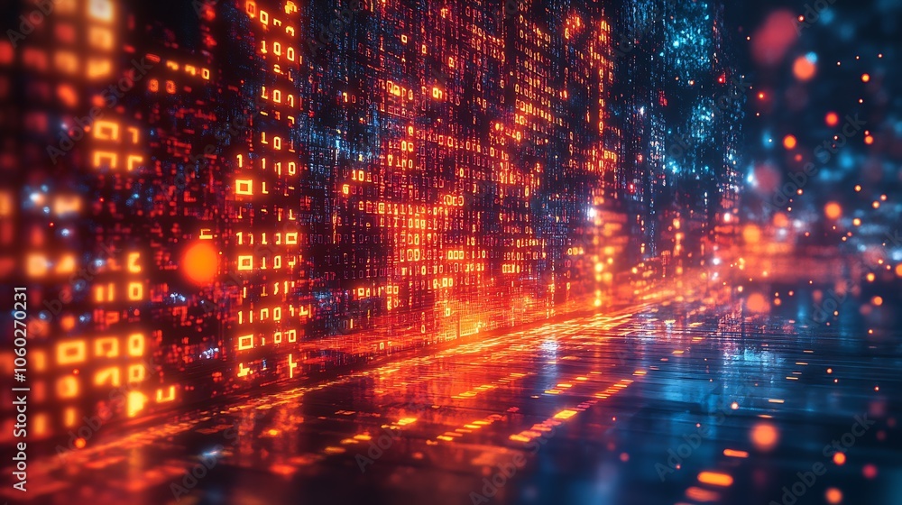 Aufkleber Dynamic Cyber Network with Sparkling Lights and Digital Patterns : Generative AI