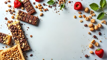 Sweet chocolate dessert ingredients with strawberries, nuts and wafers on light background with copy space