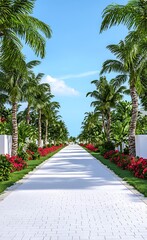 Fototapeta premium White Brick Path Lined with Palm Trees and Flowers