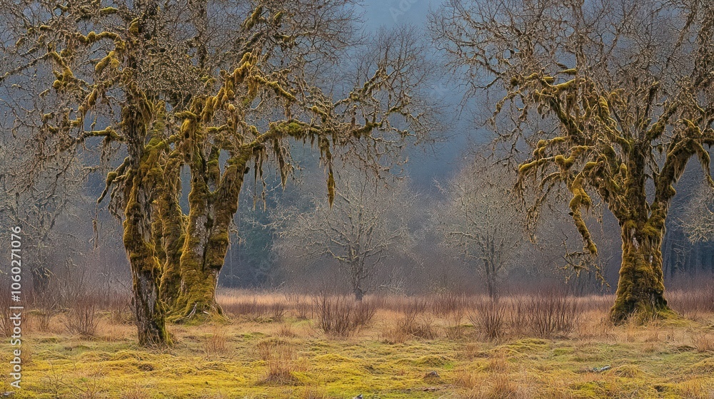Poster a misty forest scene with moss-covered trees in the foreground and a blurred background of trees.
