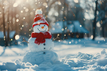 Fototapeta premium Christmas greeting card with bright winter holiday snowman and New Year background