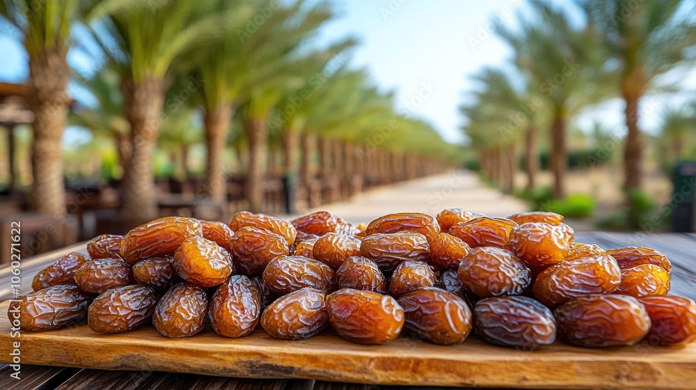 Poster closeup of a wooden board filled with dates, with a palm tree grove in the background.