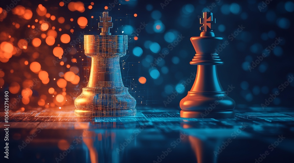 Poster dual chess pieces with holographic visualization on neon lit chessboard : generative ai