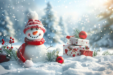 Obraz premium Christmas greeting card with bright winter holiday snowman and New Year background