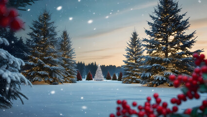 Cinematic photograph of a serene winter wonderland at dusk, with snowflakes gently falling onto the frozen landscape, surrounded by majestic evergreen trees adorned with twinkling fairy lights