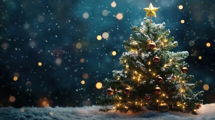 Obraz premium A snow-covered Christmas tree with twinkling lights and ornaments against a blue night sky with falling snow.