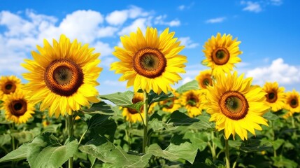 Fototapeta premium A field of bright yellow sunflowers under a clear blue sky with fluffy white clouds.