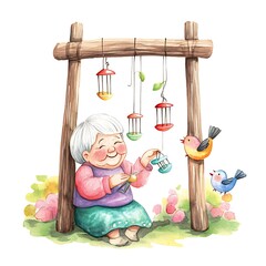 Watercolor Illustration of a Happy Grandmother Feeding Birds in Her Garden.