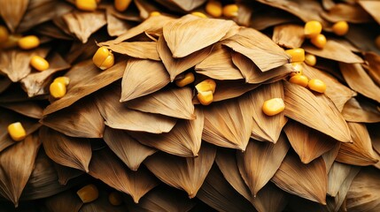 Close-up of dried brown corn husks with scattered yellow corn kernels creating a textured pattern