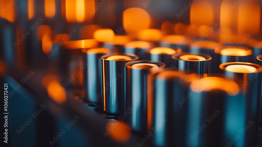 Poster abstract view of industrial cylindrical components with orange lighting in a factory setting : gener