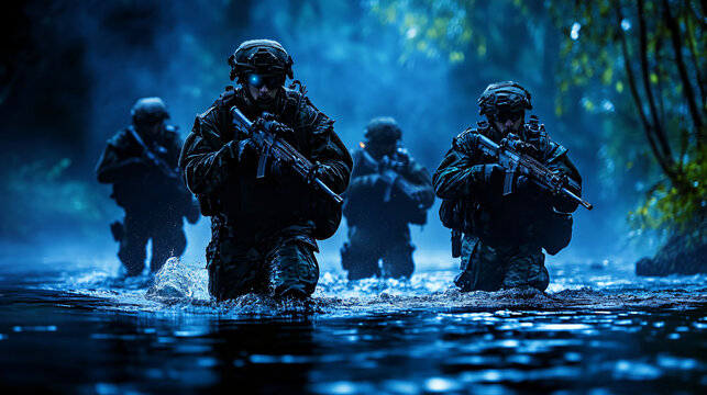 special forces team wading through dark waters, night vision aesthetics