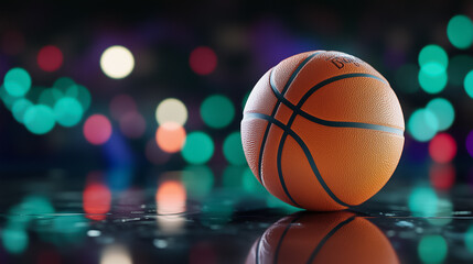 The sleek, glossy surface of the basketball reflects colorful lights, embodying the excitement of the sport in motion