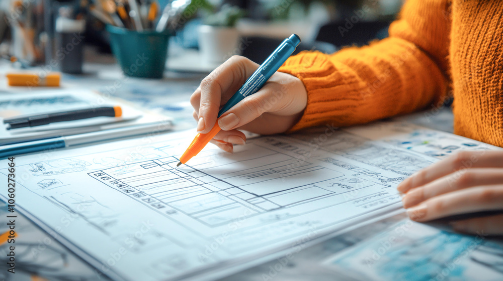 Poster hands holding pen pencil writing checklist design document organization drawing sketching in office 