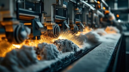 Industrial machine processing raw material on a conveyor belt with sparks flying in a manufacturing environment