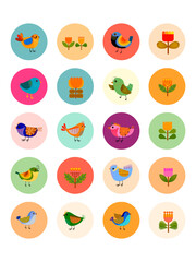 Set of cute cartoon birds and floral, flower and nature vector illustration. Colorful, baby animals theme design.