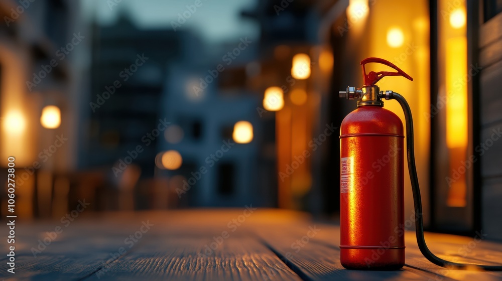Aufkleber A vibrant fire extinguisher is clearly visible in the foreground, with a softly illuminated building shimmering in the background. Generative AI