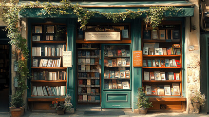 cozy local bookshop decorated with wooden furniture vintage community board with notes flyers book recommendations with shelves of colorful books for reading literature bulletin posters announcement