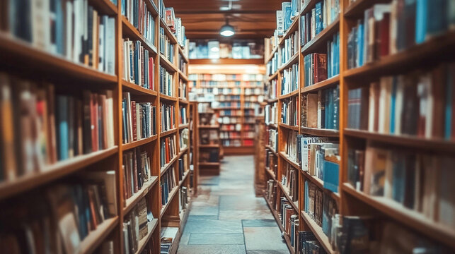 Bookshop with wooden book shelves in cozy antique vintage library perfect for reading books literature knowledge study education browsing fiction and non fiction on book hardcover organized titles