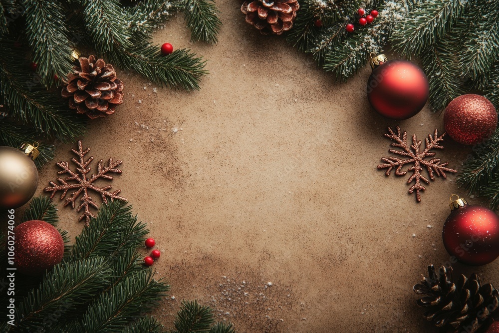 Poster festive plain color background with christmas elements creating a frame with empty space in the cent