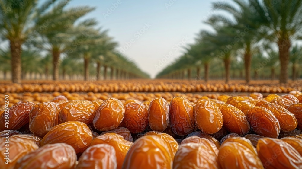 Poster close-up of dates drying in a desert date farm with rows of palm trees.