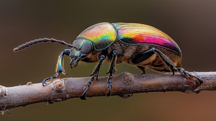 Close-up of a colorful iridescent beetle with detailed patterns on its elytra, walking on a thin branch against a blurred background.