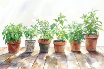 Fototapeta premium Watercolor illustration featuring a variety of herbs thriving in terracotta pots, placed on a sunlit wooden table, creating a cozy garden atmosphere