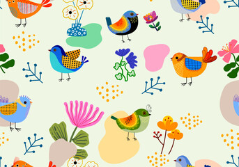 Set of cute cartoon birds and floral, flower and nature  seamless pattern vector illustration. Colorful, baby animals theme design.