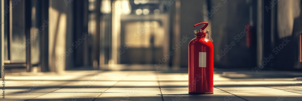 Poster A bright fire extinguisher is positioned in the foreground with a blurred view of a building corridor in the background under natural light. Generative AI