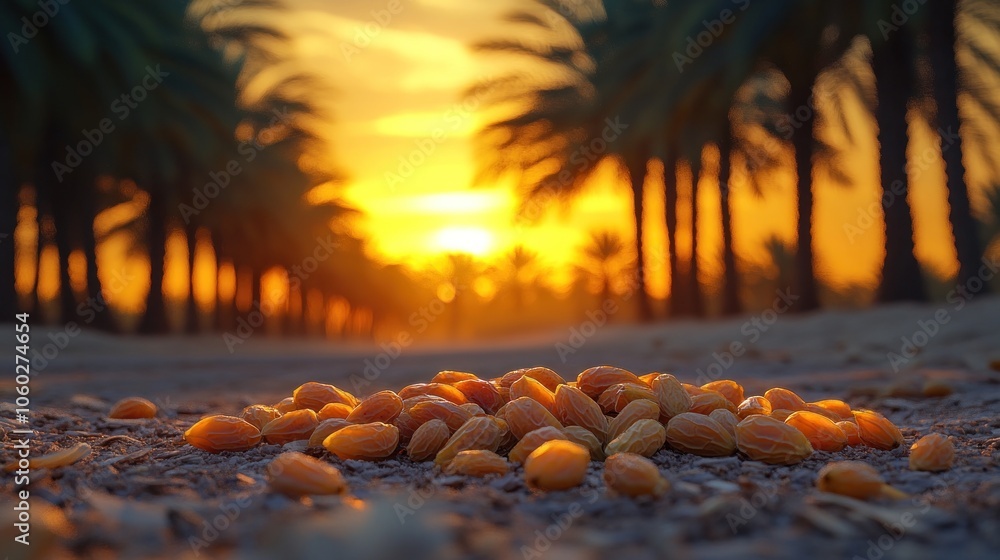 Poster closeup of dates scattered on the ground in front of a date palm grove at sunset.