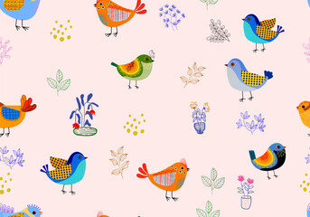 Set of cute cartoon birds and floral, flower and nature  seamless pattern vector illustration. Colorful, baby animals theme design.