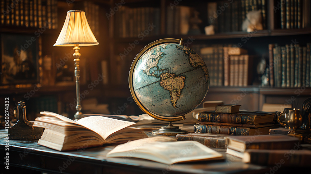 Poster decorative globe on library table surrounded by books and lamp creates warm, inviting atmosphere for