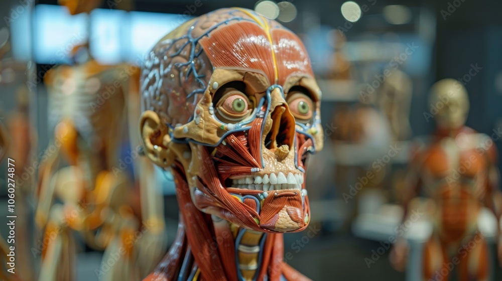 Poster a lifesized model of the human body with interactive buttons to learn about different and systems.