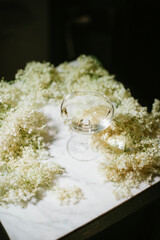 Small glass of home made elderflower liquor on the marble table background, decorated with fresh elderflower 
