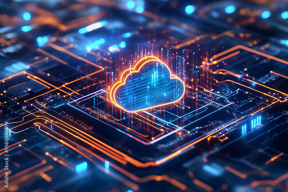 Poster a dynamic representation of cloud computing technology illustrating connected devices in a futuristi