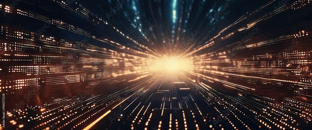 Poster digital data stream: abstract journey through a futuristic cyberspace tunnel