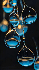 Fototapeta premium Suspended Glowing Liquid Droplets with Reflective Surfaces and Luminescent Blue Hues Creating a Mesmerizing Effect in Dark Ambient Lighting