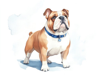 Obraz premium charming British Bulldog stands proudly with blue collar on white background, showcasing its distinctive features and playful demeanor. This illustration captures essence of this beloved breed
