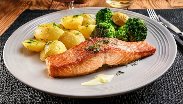 Stekt Laks &ndash; Fried salmon served with buttered potatoes, broccoli and lemon sauce