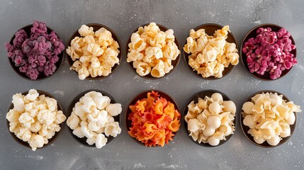 Fototapeta premium Aerial perspective of diverse pasta varieties showcasing unique shapes and textures