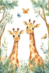 Charming giraffes surrounded by nature's beauty with butterflies and greenery in a whimsical illustration for kids