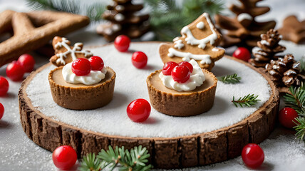 Individual mini cheesecakes with gingerbread crusts, topped with a dollop of whipped cream and a small gingerbread cookie.